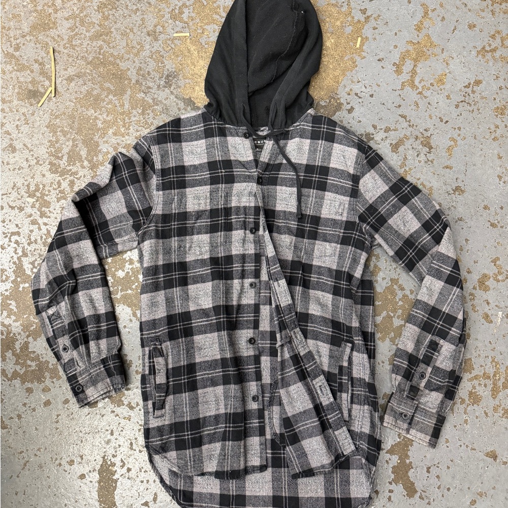 PacSun Black and Gray Plaid Hooded Shirt Medium